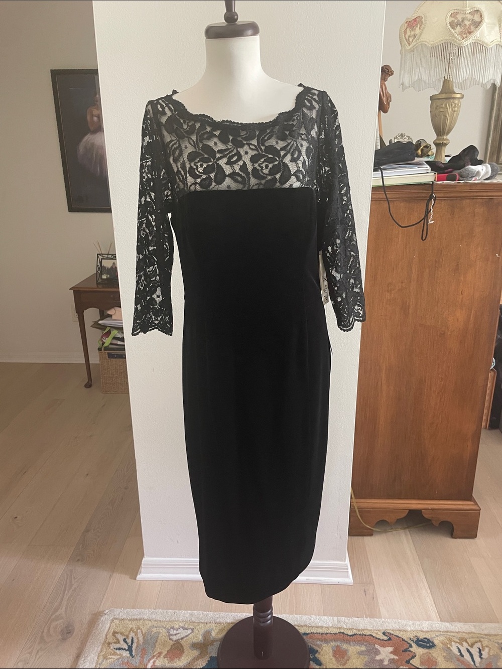 Eliza J Black Velvet Dress with Lace Yoke and Three-Quarter Sleeves lined